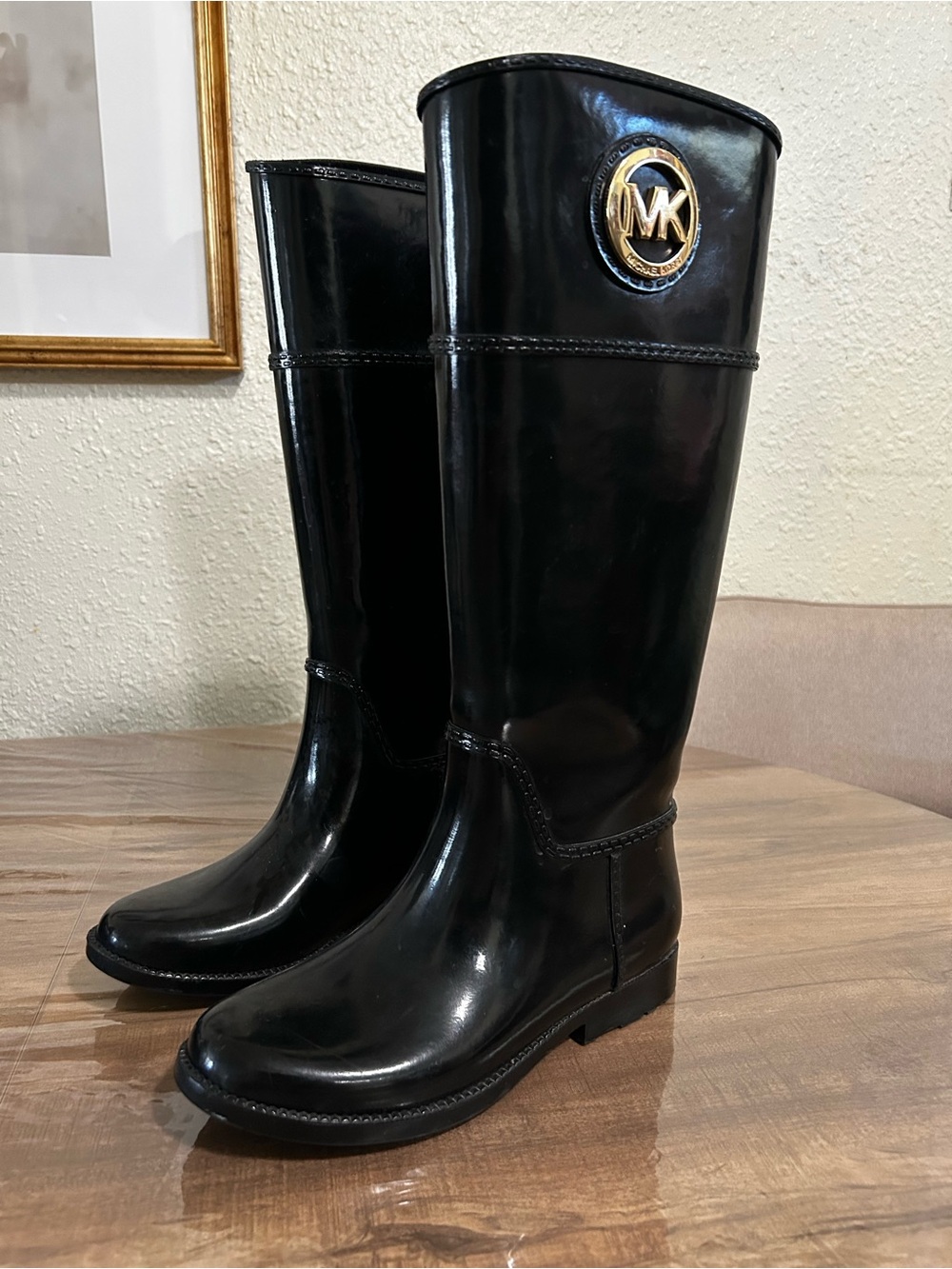 Michael Kors Black Tall Glossy Rain Boots with Gold MK Emblem